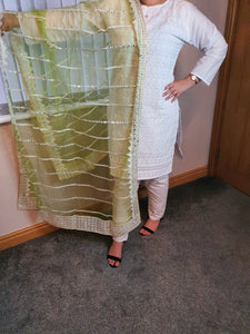 3 piece white suit with green net dupatta