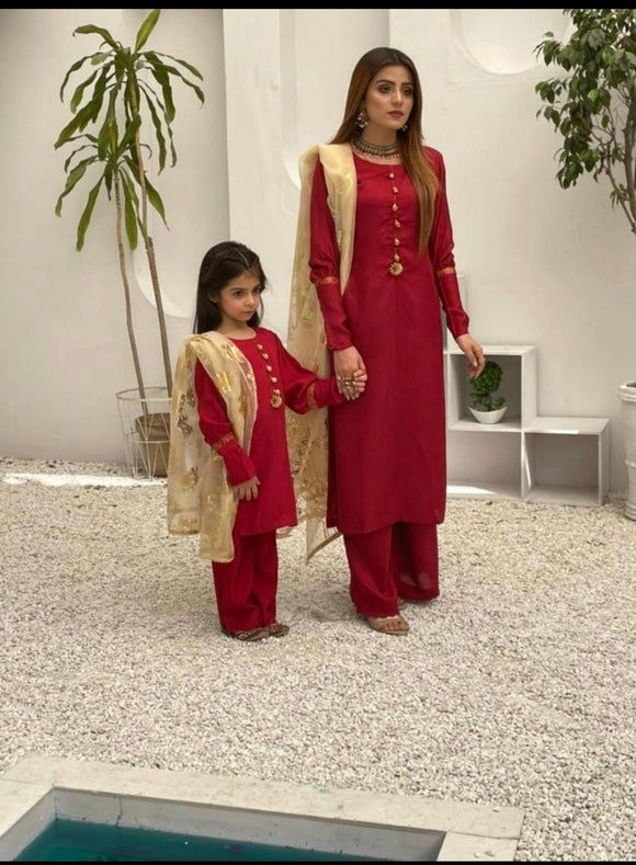 EID red plazzo mother & daughter suit