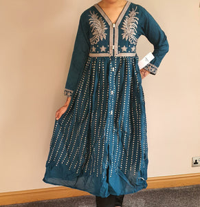 Turqouise Embroidered Frock Style Kurta