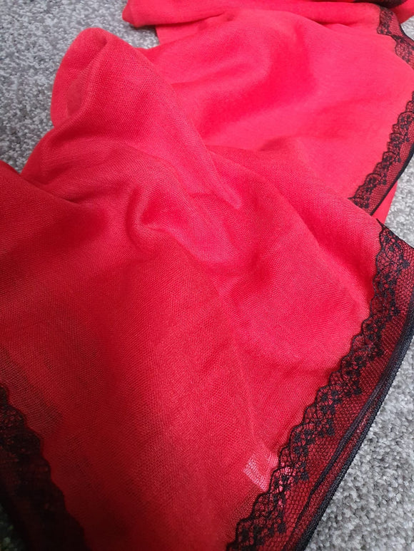 Red With Black Lace Viscose Dupatta
